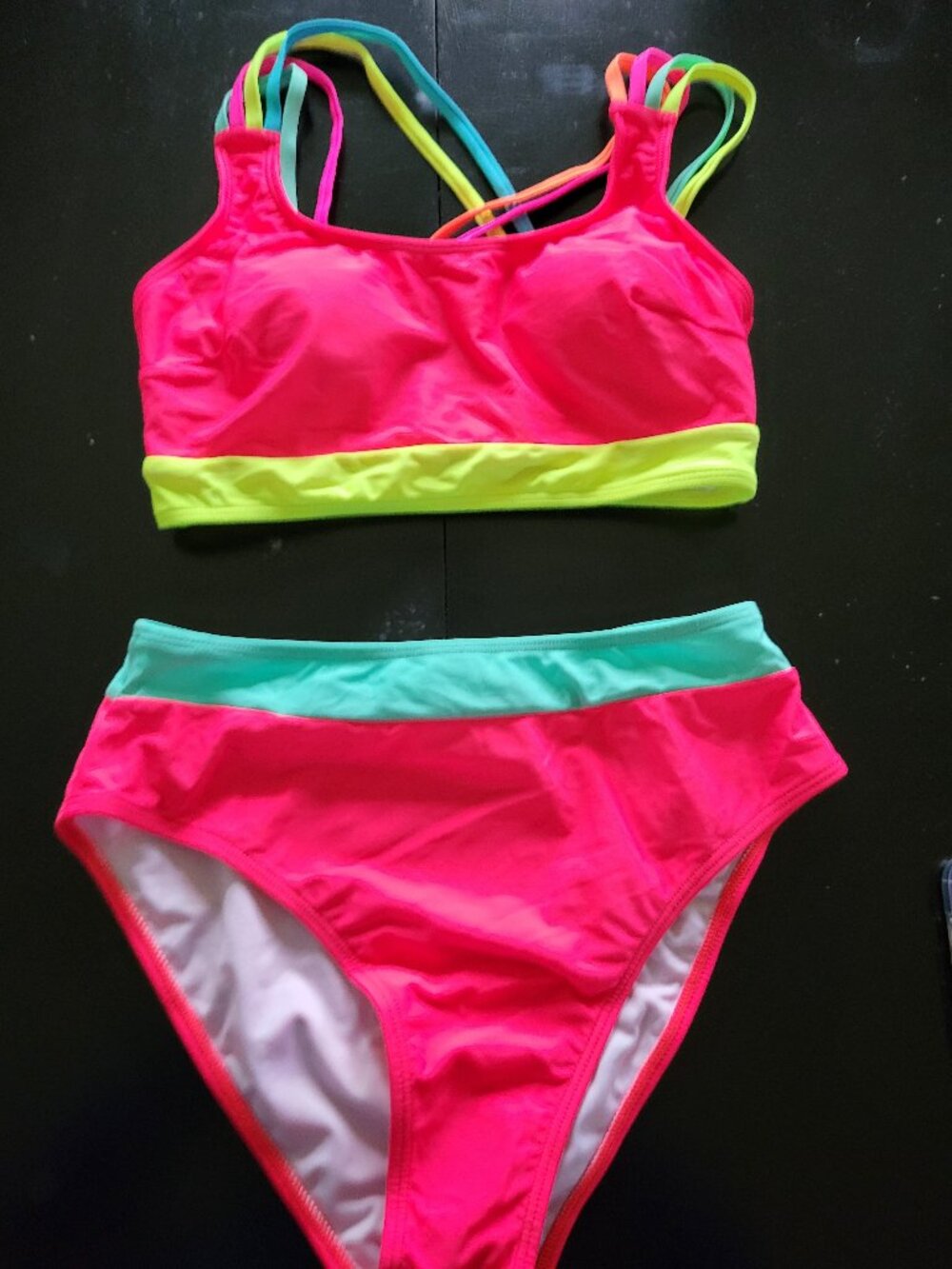 Neon Pink & Lime Women's Bikini Set - Strappy Top and High Waist Bottom